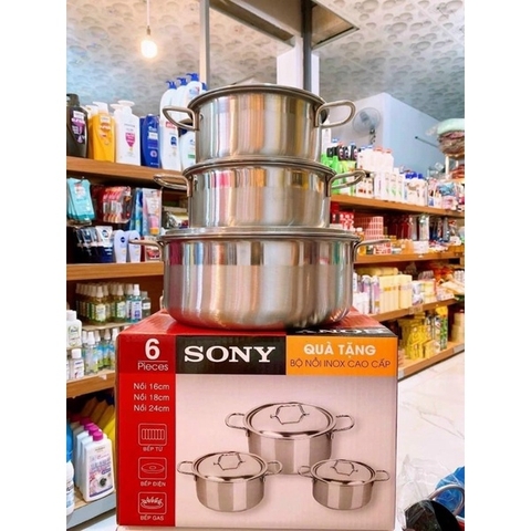 Bộ 3 nồi inox có nắp 1 đáy sử dụng bếp từ hàng khuyến mãi Sony - 16cm/18cm/24cm