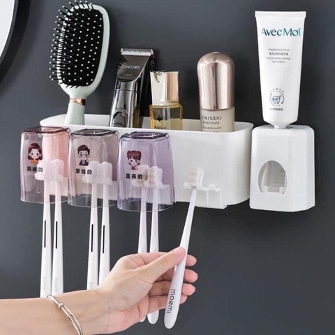 Bộ Nhã Kem Đánh Răng Tự Động 4 Cốc Cực Kỳ Tiện Lợi Kèm Móc Treo Bàn Chải