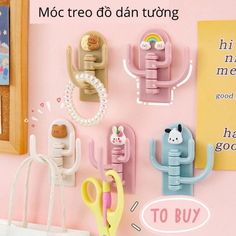 Móc Treo Đồ 3 Nhánh Dán Tường Không Cần Khoan Họa Tiết Hoạt Hình Sáng Tạo Cute, Móc dán 3 nhánh kiểu xương rồng