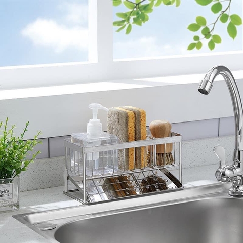 Khay Đựng Đồ Rữa Chén 2 Tầng Có Khay Hứng Kệ Đựng Xà Bông Có Khe Thoát Nước