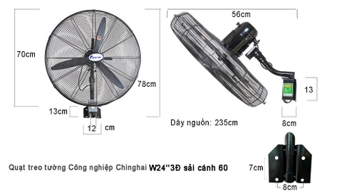 Quạt treo tường Công nghiệp Chinghai W24-3Đ, Sải cánh 60cm