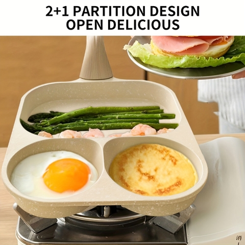 Chảo rán nhôm chống dính 3 ngăn đa năng - Hoàn hảo cho bữa sáng, bít tết và bánh mì nướng | Tương thích với bếp gas và bếp từ, cho mùa thu