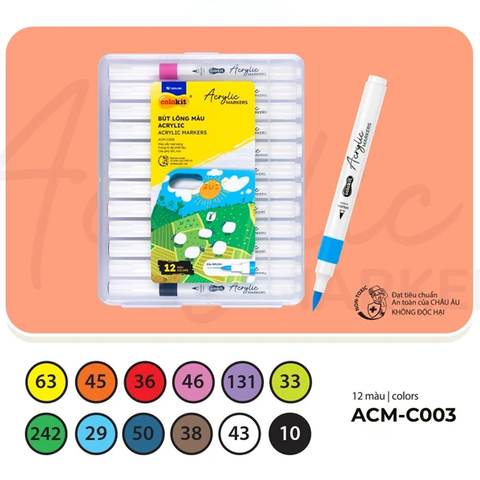 Hộp 12 Bút Lông Màu Acrylic Markers 1 Đầu - Colokit ACM-C003