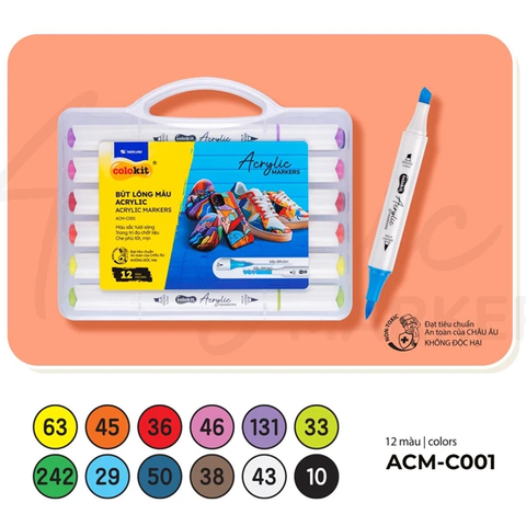 Hộp 12 Bút Lông Màu Acrylic Markers 2 Đầu - Colokit ACM-C001