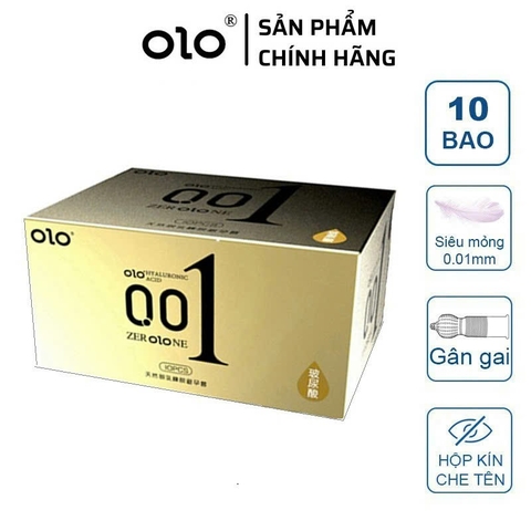 Bao cao su siêu mỏng Olo 0.01 Vàng gai liti ở đầu , hộp 10 chiếc chính hãng