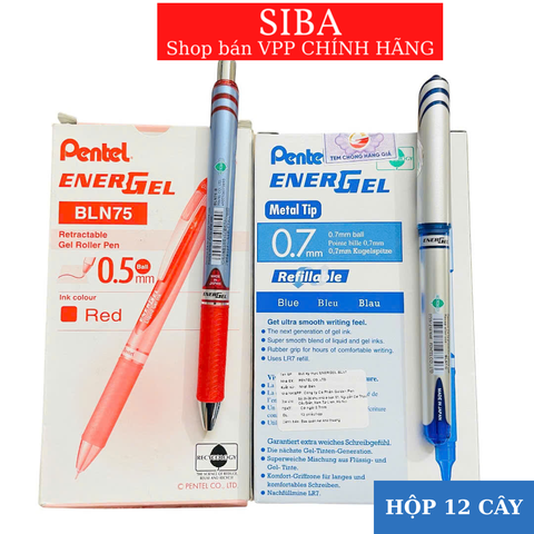 Combo hộp 12 bút gel Pentel ENERGEL size ngòi 0.5/ 0.7/ 1.0mm màu mực xanh, đỏ, đen