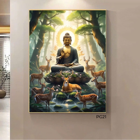 Tranh Đức Phật Thủ Ấn Vô Uý Bên Nai Rừng | PG21