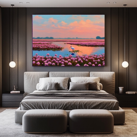 Tranh Hạc Trắng Đón Hoàng Hôn Giữa Đầm Mẫu Đơn | HMD31