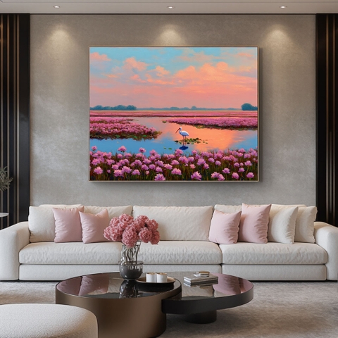 Tranh Hạc Trắng Đón Hoàng Hôn Giữa Đầm Mẫu Đơn | HMD31