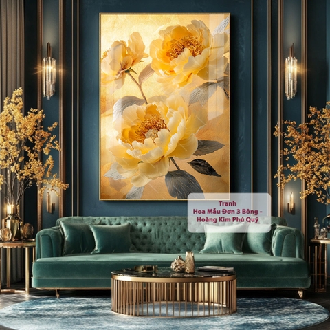 Tranh Hoa Mẫu Đơn 3 Bông - Hoàng Kim Phú Quý | HMD16