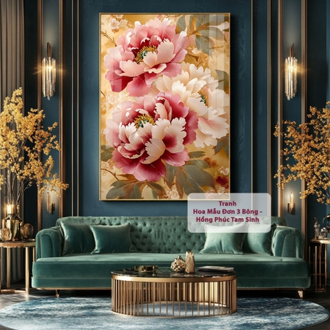 Tranh Hoa Mẫu Đơn 3 Bông - Hồng Phúc Tam Sinh | HMD19