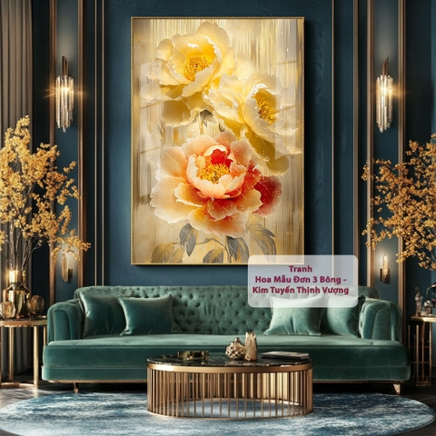 Tranh Hoa Mẫu Đơn 3 Bông - Kim Tuyến Thịnh Vượng | HMD15