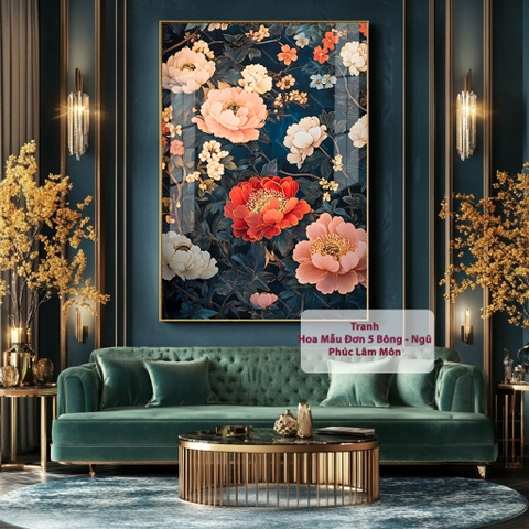 Tranh Hoa Mẫu Đơn 5 Bông - Ngũ Phúc Lâm Môn | HMD21
