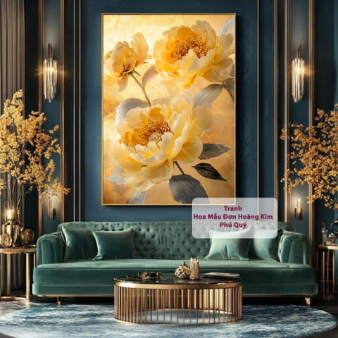 Tranh Hoa Mẫu Đơn 3 Bông - Hoàng Kim Phú Quý | HMD16