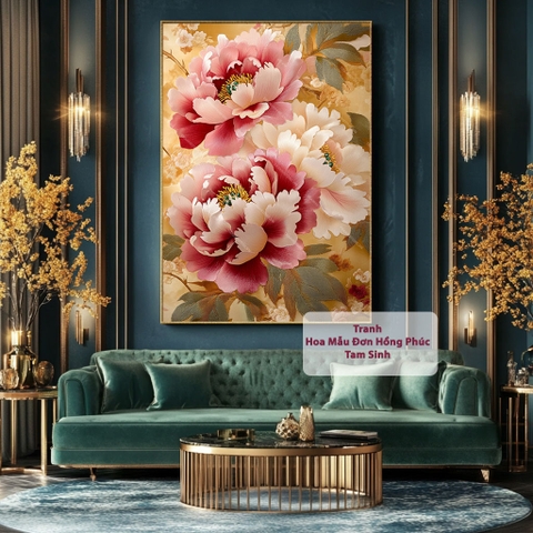 Tranh Hoa Mẫu Đơn 3 Bông - Hồng Phúc Tam Sinh | HMD19