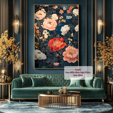 Tranh Hoa Mẫu Đơn 5 Bông - Ngũ Phúc Lâm Môn | HMD21