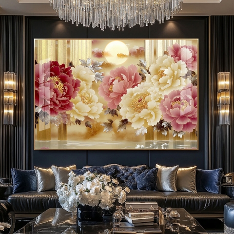 Tranh Hoa Mẫu Đơn 8 Bông - Ngọc Nguyệt Phú Quý | HMD17