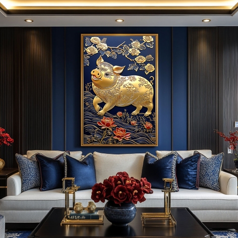 Tranh Phong Thủy Tuổi Hợi - Lợn Vàng Phú Quý | PT04