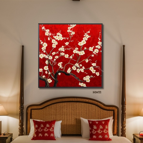 Tranh Mai Trắng Trên Nền Gấm Đỏ | HM11