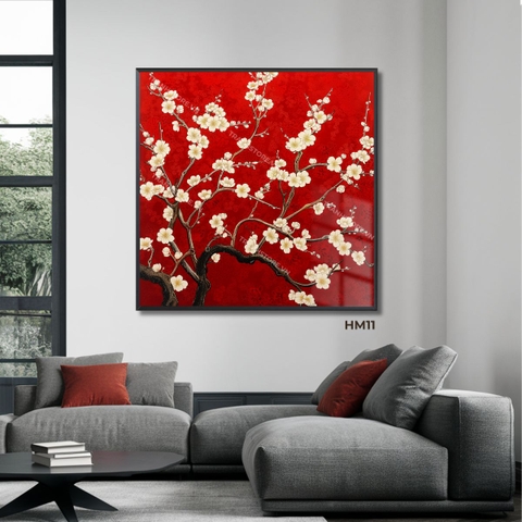 Tranh Mai Trắng Trên Nền Gấm Đỏ | HM11