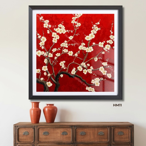 Tranh Mai Trắng Trên Nền Gấm Đỏ | HM11