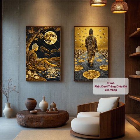Bộ 2 Tranh Phật Dưới Trăng Diệu Độ Sen Vàng | PG115