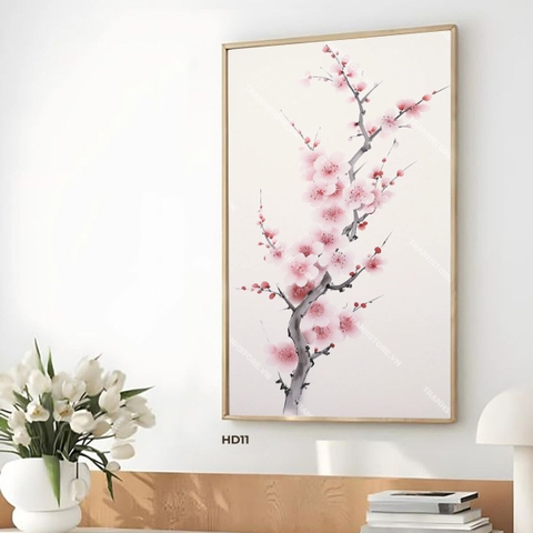 Tranh Thủy Mặc Cành Đào Hồng Phấn Nở Rộ | HD11