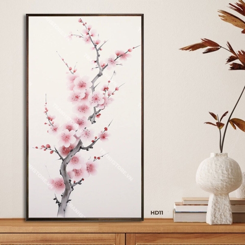 Tranh Thủy Mặc Cành Đào Hồng Phấn Nở Rộ | HD11