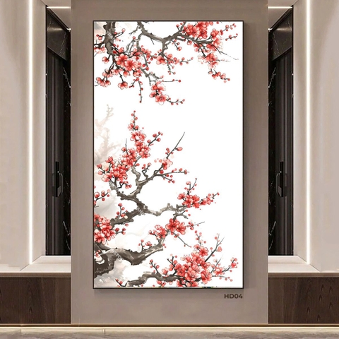 Tranh Thủy Mặc Cành Hoa Đào Đỏ Nở Xum Xuê | HD04