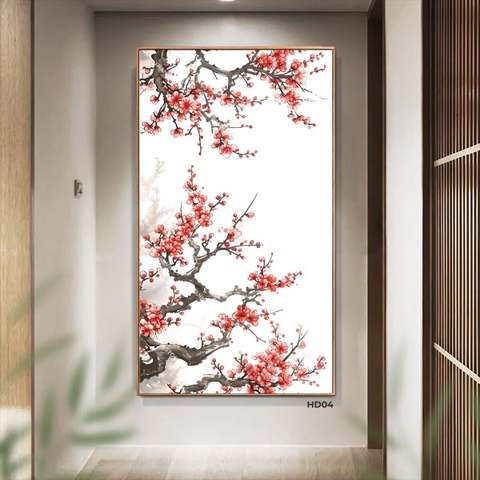 Tranh Thủy Mặc Cành Hoa Đào Đỏ Nở Xum Xuê | HD04