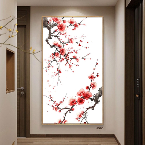 Tranh Thủy Mặc Cành Hoa Đào Đỏ Rực Nở | HD05