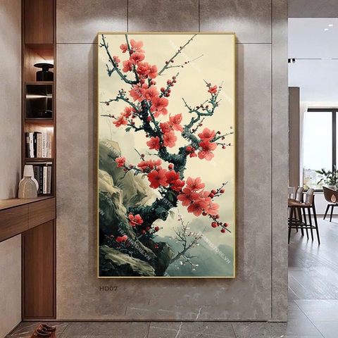 Tranh Thủy Mặc Gốc Đào Đá Nở Hoa | HD07