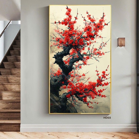 Tranh Thủy Mặc Gốc Đào Cổ Thụ Đỏ Bung Nở | HD03