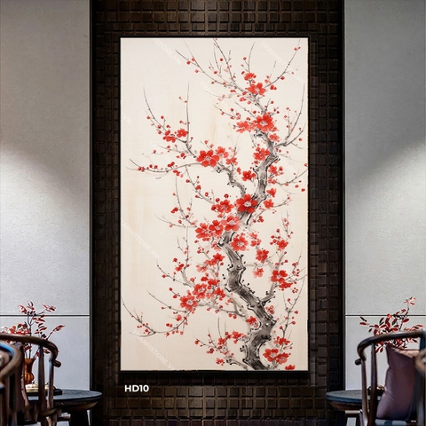 Tranh Thủy Mặc Hoa Đào Đỏ Kiêu Hãnh Đón Xuân | HD10