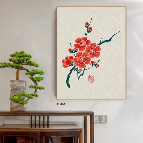 Tranh Thủy Mặc Nhánh Đào Đơn Tứ Hoa Đỏ Thắm | HD12