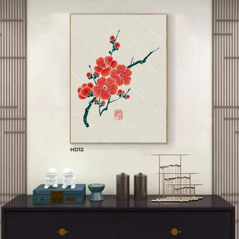 Tranh Thủy Mặc Nhánh Đào Đơn Tứ Hoa Đỏ Thắm | HD12