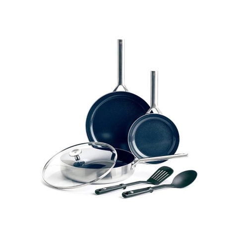 Bộ 6 món chảo chống dính phủ tinh the kim cương cao cấp Blue Diamond 20, 2x28 cm & nắp kính, xẻng, muôi