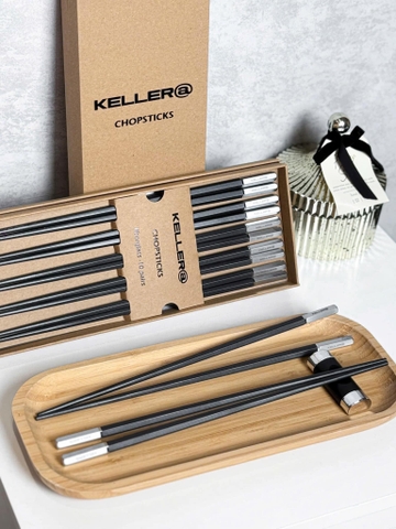 Set 10 đôi đũa chuôi bạc Keller Germany, sợi thủy tinh kháng khuẩn - vỏ hộp nâu