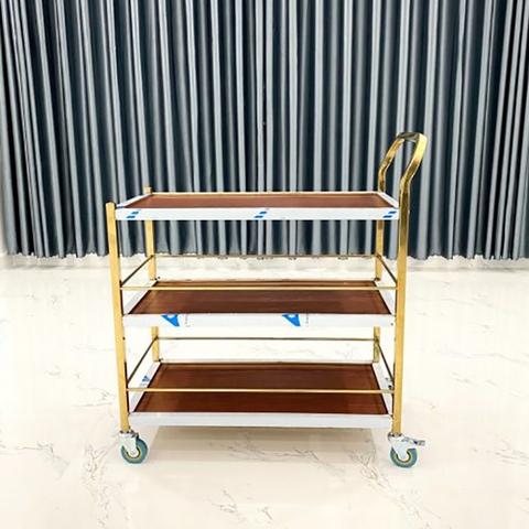 XE ĐẨY THỨC ĂN INOX MẠ VÀNG 3 TẦNG