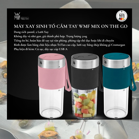 WMF máy xay sinh tố Mix On The Go (đen, hồng, xanh). Quà tặng: 01 túi vải WMF + Bộ ống hút thủy tinh