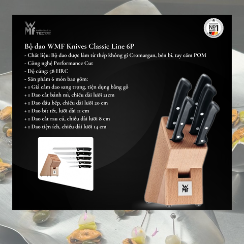 WMF bộ dao bếp 6 món Classic Line, thép không gỉ Cromargan, giá cắm gỗ