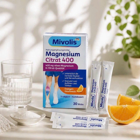 Mivolis Magnesium Citrat 400 Đức – Bột Magie Hương Cam 20 Gói