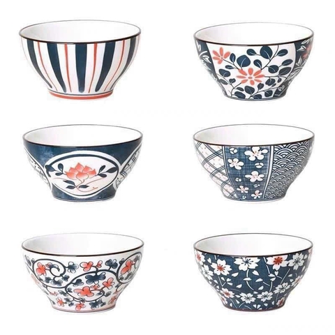 Bộ Bát Sứ Phong Cách Nhật 6 Chiếc – Họa Tiết Truyền Thống Đa Sắc , Vẻ Đẹp Trang Nhã Từ Xứ Phù Tang