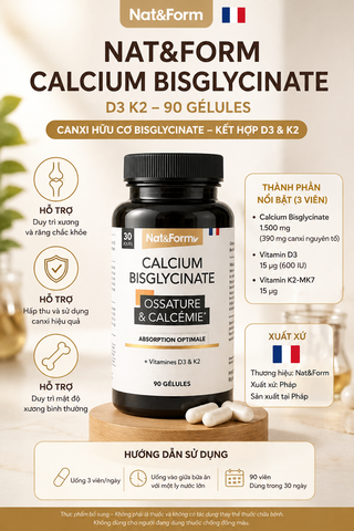Viên uống Canxi Bisglycinate Nat&Form D3 K2 Pháp 90 Viên