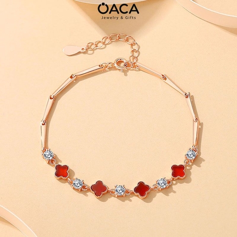 Lắc tay cỏ bốn lá Bạc mạ Vàng Hồng đá Mã Não đỏ