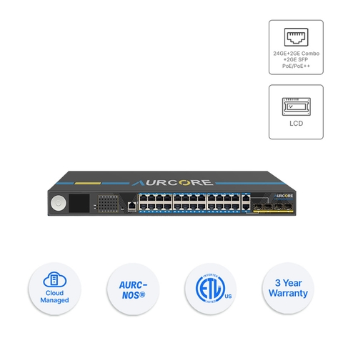 Thiết bị Switch doanh nghiệp Aurcore AES2012P 24 x GE(PoE++) | 2 x GE Combo | 2 x GE SFP (LCD)