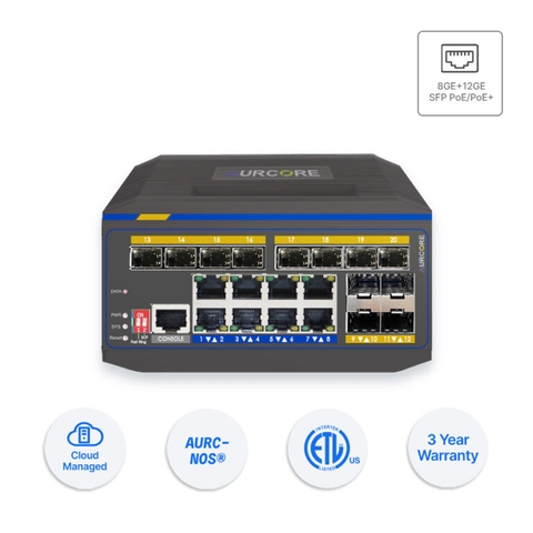 Thiết bị mạng - Bộ chuyển mạch Aurcore, PoE/PoE+, 8 cổng GE, 12 cổng Gigabit SFP, model: AIS2004P