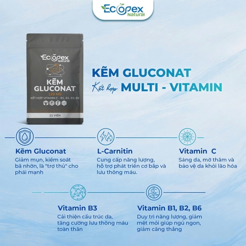 [1 TÚI] Kẽm Gluconat + Multi Vitamin Tăng Cường Sức Khỏe, Kiểm Soát Dầu Nhờn, Giảm Mụn, Đẹp Da - Túi 21 Viên