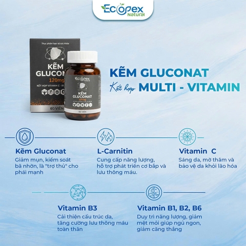 [3 HỘP TẶNG 1] Kẽm Gluconat + Multi Vitamin Tăng Cường Sức Khỏe, Kiểm Soát Dầu Nhờn, Giảm Mụn, Đẹp Da - Hộp 60 viên