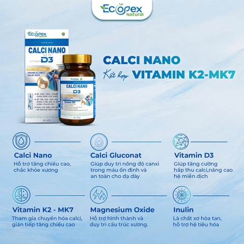 [6 HỘP CANXI TẶNG 3 KẼM] CANXI NANO D3 - Viên Uống Bổ Sung Canxi, Hỗ Trợ Tăng Chiều Cao, Giúp Xương Chắc Khỏe - Hộp 60 Viên